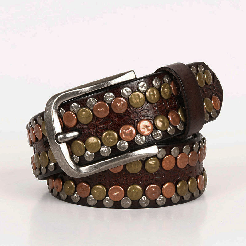 Black Genuine Leather Belt with Rivets Studded