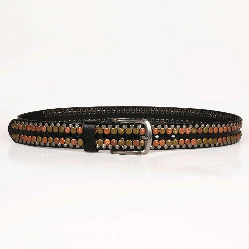 Black Genuine Leather Belt with Rivets Studded