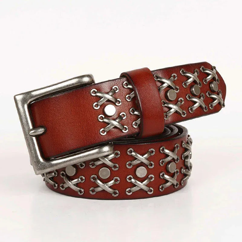 Genuine Leather Punk Belt with Silver Cross Rivets