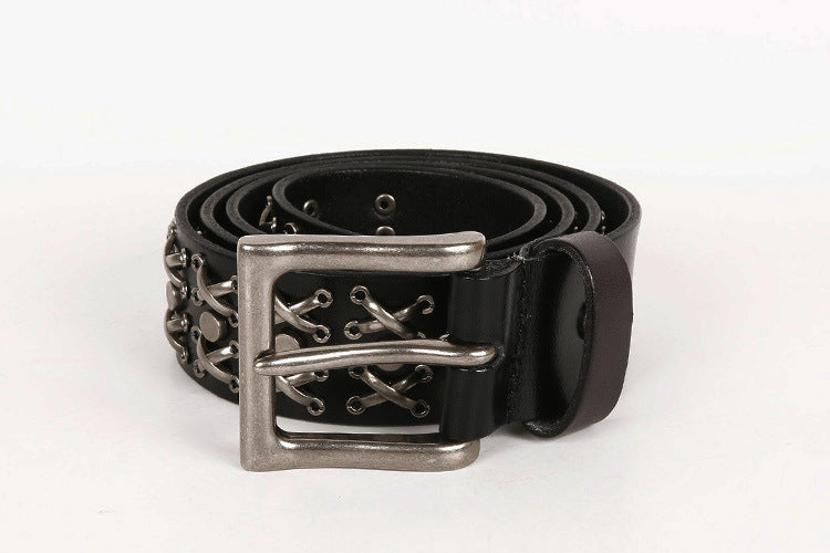 Genuine Leather Punk Belt with Silver Cross Rivets