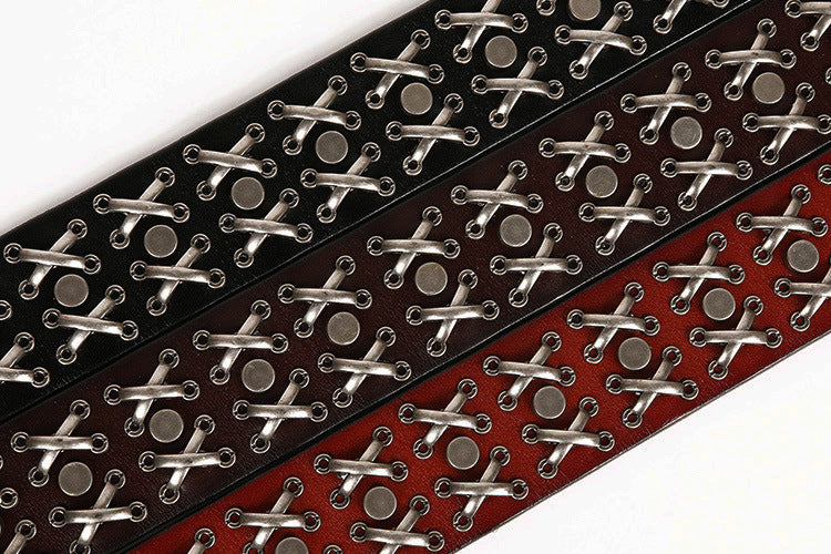 Genuine Leather Punk Belt with Silver Cross Rivets
