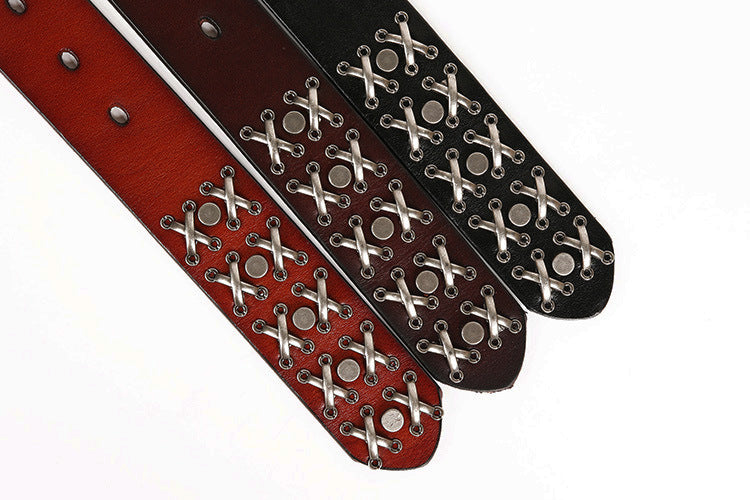 Genuine Leather Punk Belt with Silver Cross Rivets