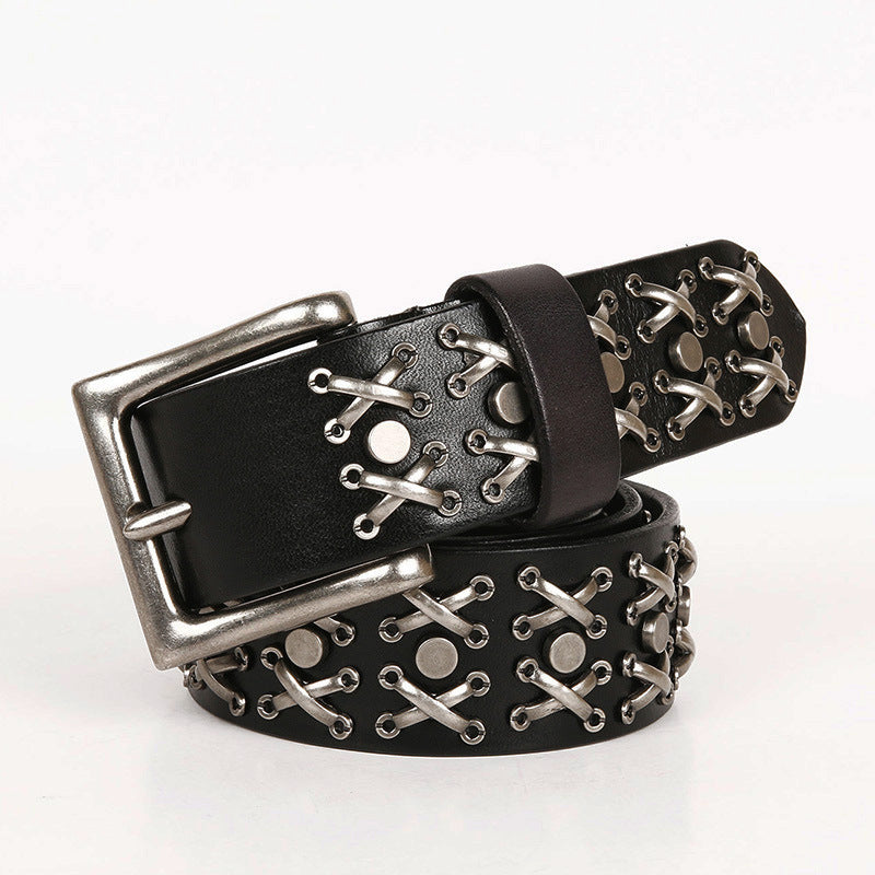 Genuine Leather Punk Belt with Silver Cross Rivets