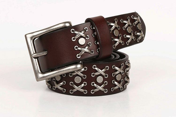 Genuine Leather Punk Belt with Silver Cross Rivets