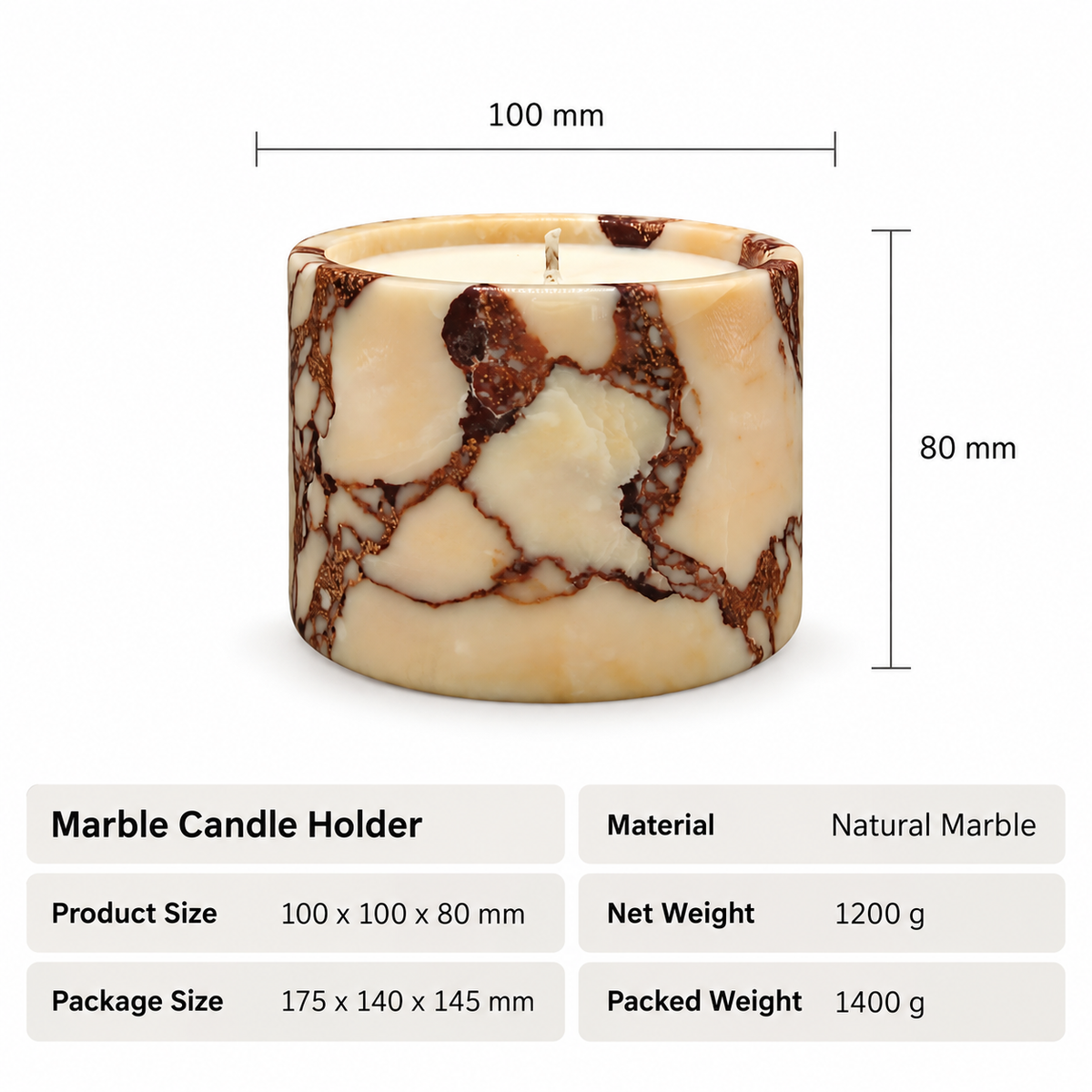 Cream Marble Candle Jar with Removable Lid and Brown Veining