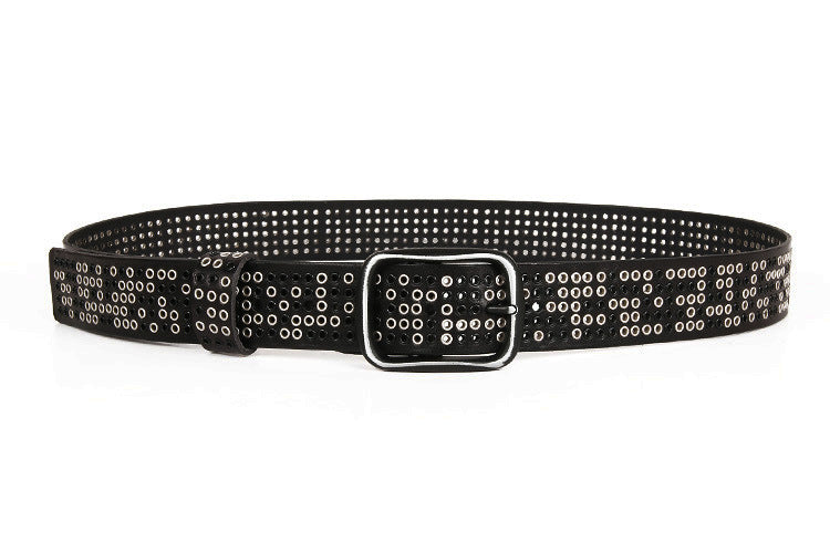 Wide punk studded leather belt with eyelets