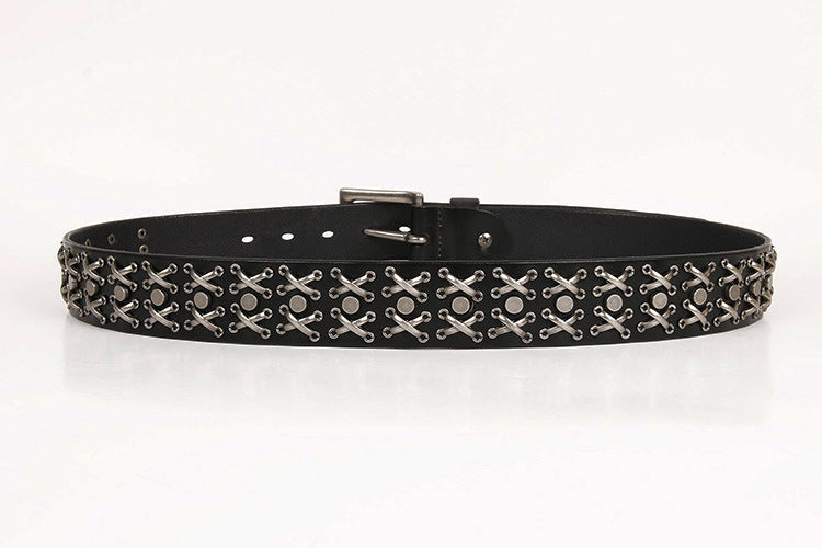 Genuine Leather Punk Belt with Silver Cross Rivets