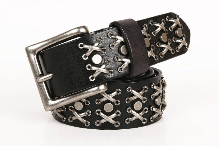 Genuine Leather Punk Belt with Silver Cross Rivets