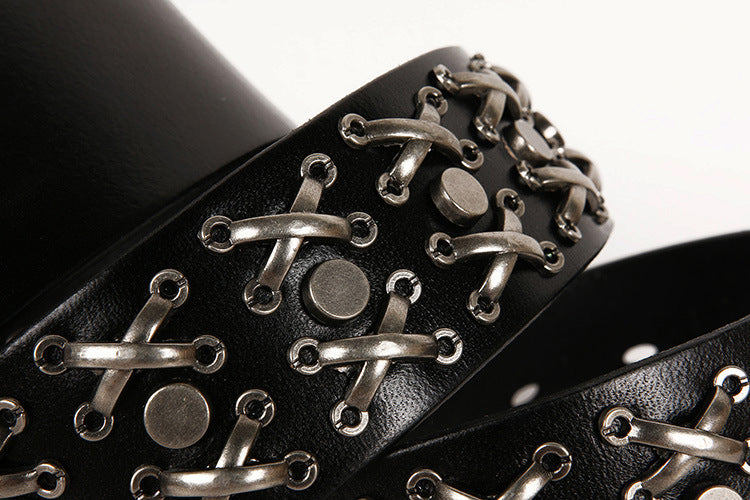 Genuine Leather Punk Belt with Silver Cross Rivets