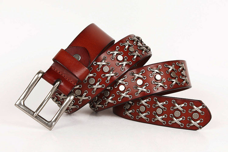 Genuine Leather Punk Belt with Silver Cross Rivets