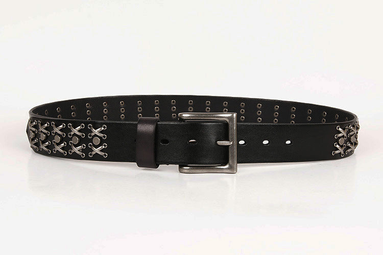 Genuine Leather Punk Belt with Silver Cross Rivets