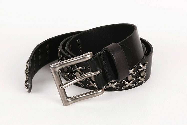 Genuine Leather Punk Belt with Silver Cross Rivets