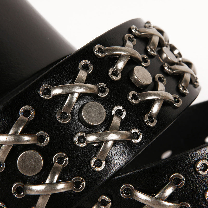Genuine Leather Punk Belt with Silver Cross Rivets