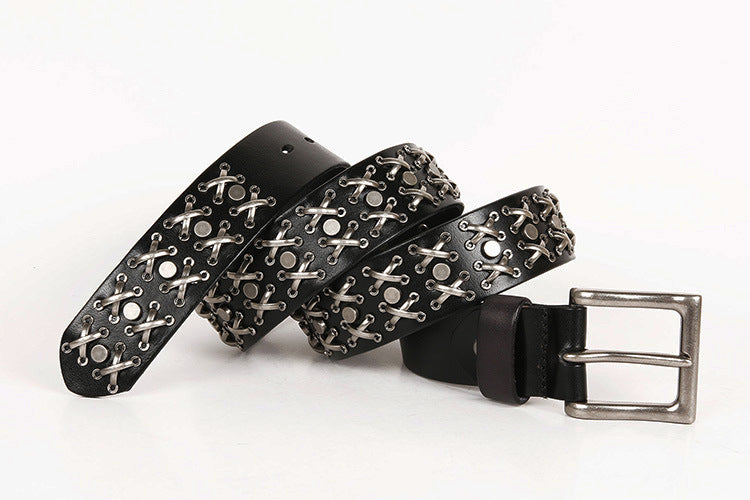 Genuine Leather Punk Belt with Silver Cross Rivets