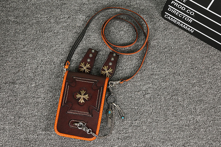 Leather Crossbody Phone Bag with Gothic Cross Hardware