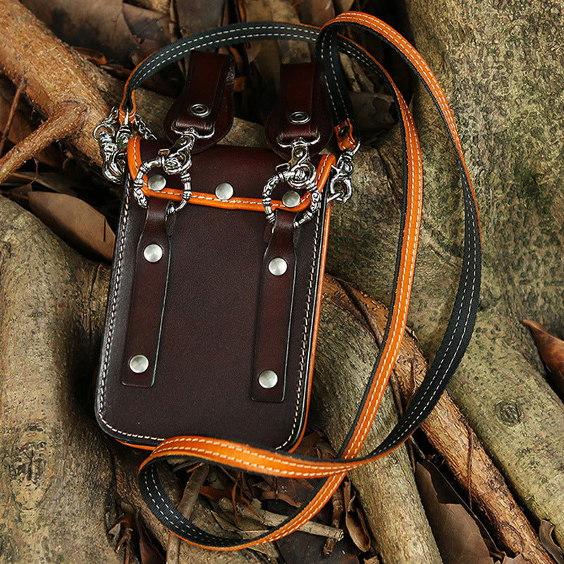 Leather Crossbody Phone Bag with Gothic Cross Hardware