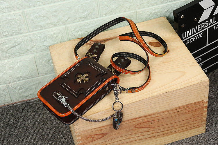 Leather Crossbody Phone Bag with Gothic Cross Hardware