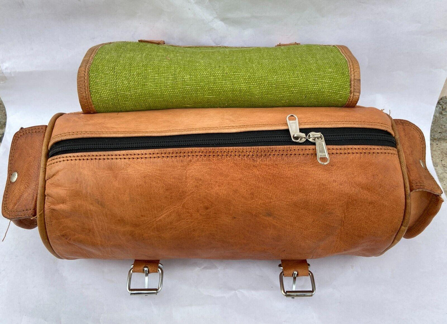 Leather Motorbike front bag with side pockets.