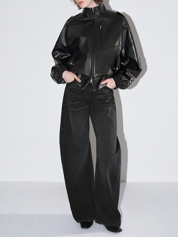 Women Leather Oversized Jacket Retro Stand Collar Motorcycle Coat