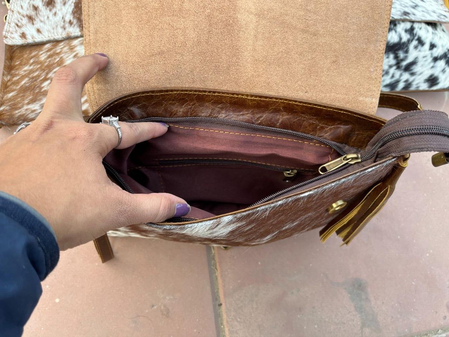 Brown White Speckled Cowhide Sling Purse