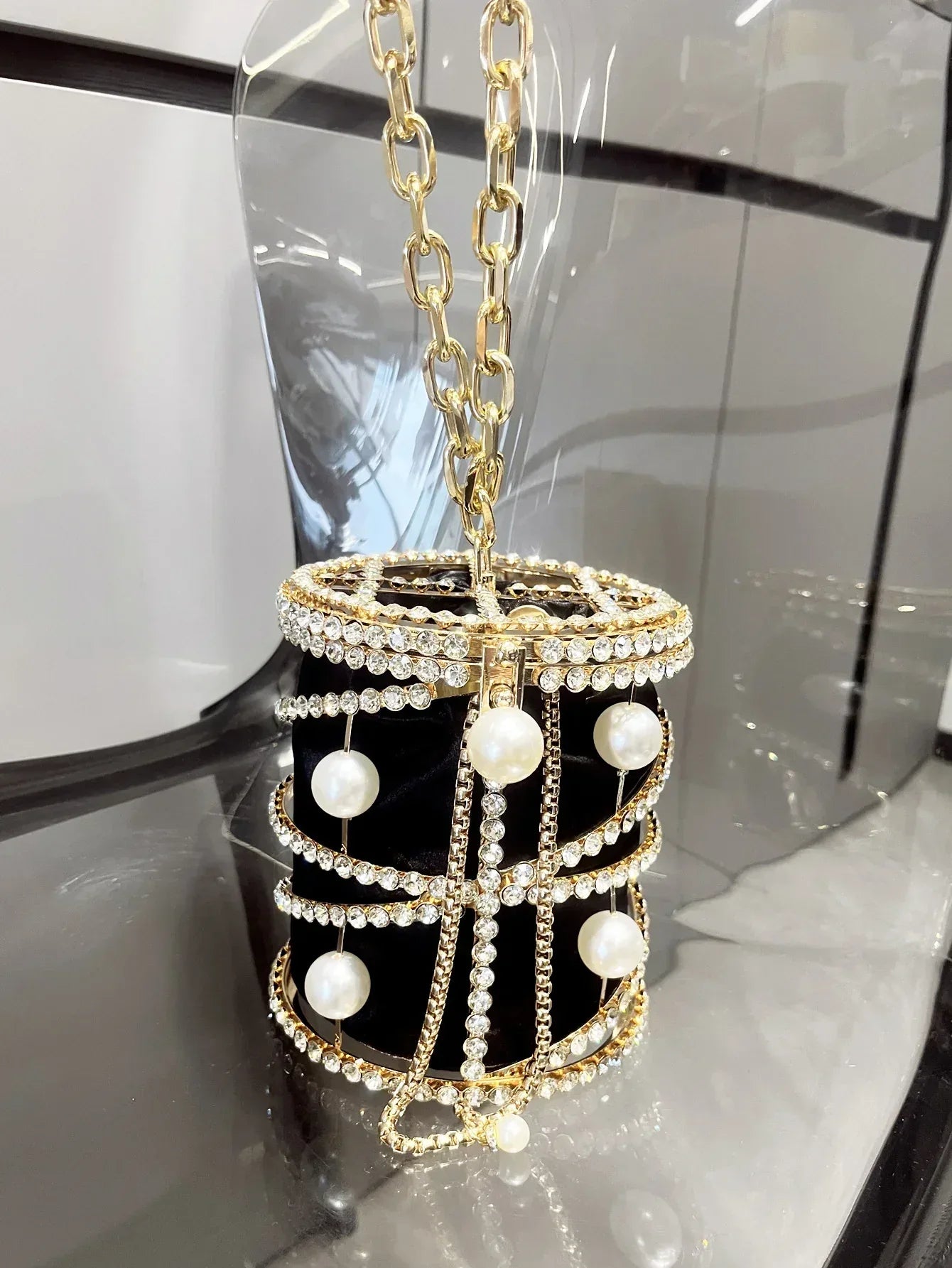 Women's Cage Evening Bag with Rhinestone Chain Black