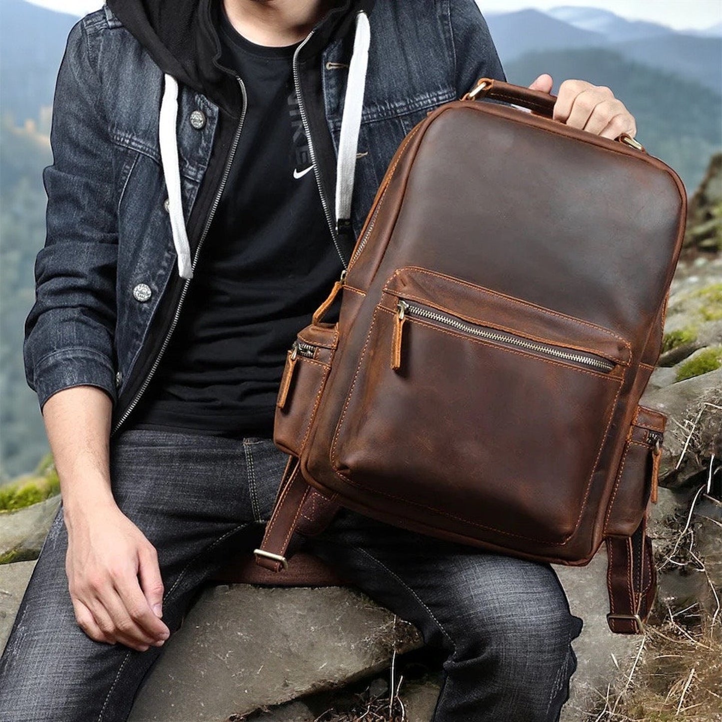 mens leather backpack travel