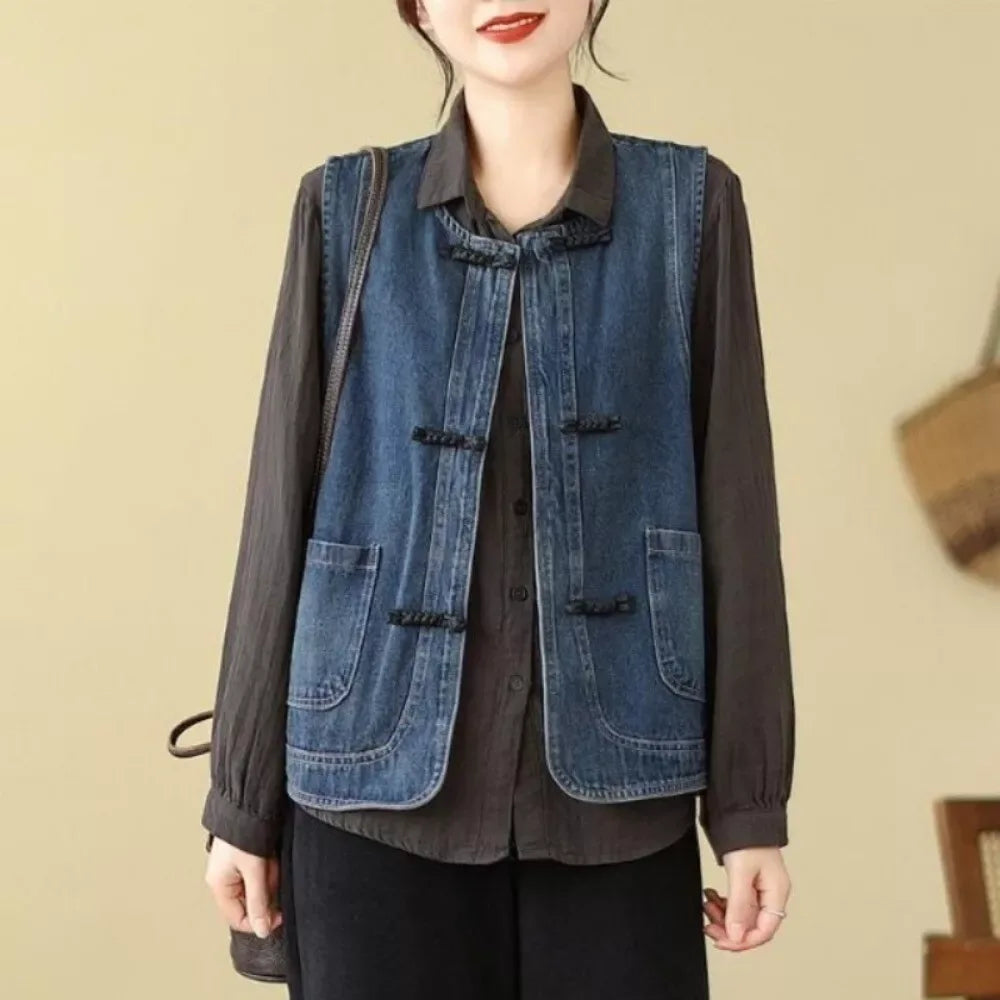 Button-Up Denim Waistcoat Vest for Women