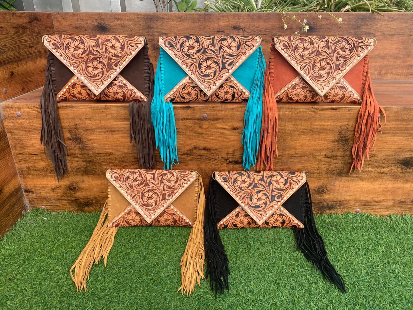 Suede Tooled Leather Crossbody Sling Purse