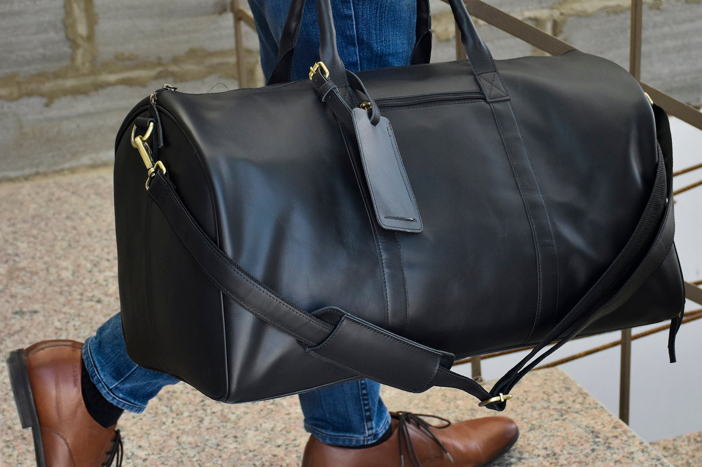 Large Leather Overnight Duffle Bag with Shoe Compartment