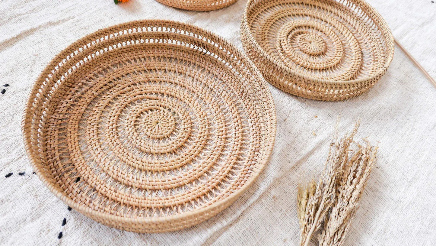Three Round Rattan Tray Wicker Storage