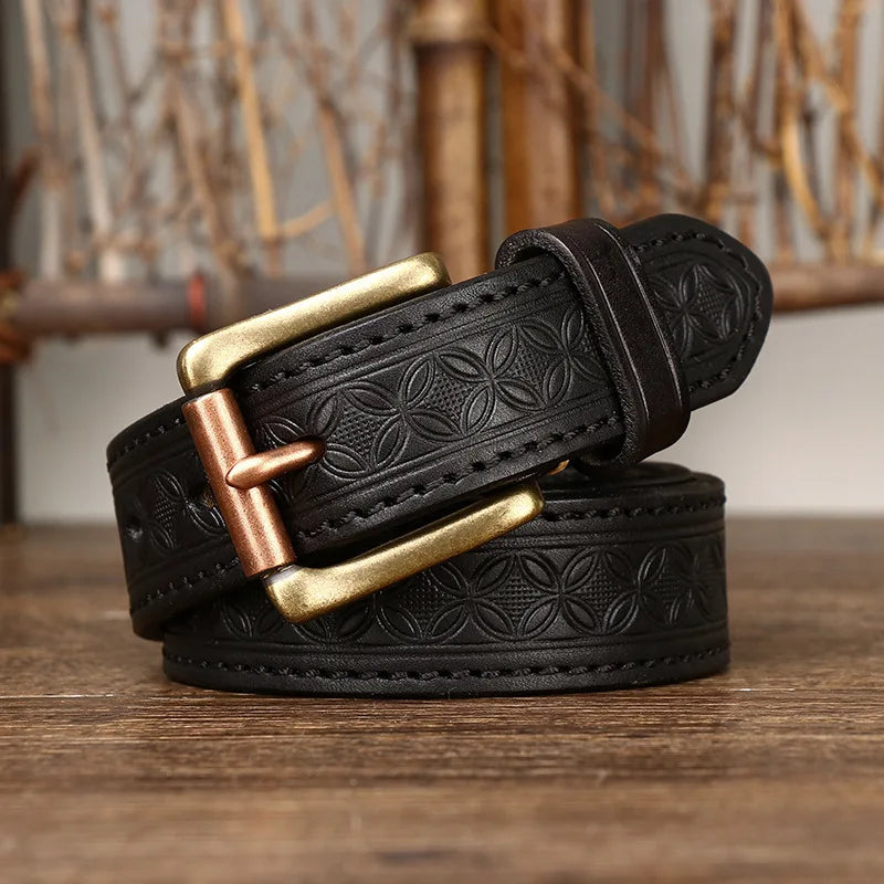 Genuine Leather Belt for Men Vintage Brass Buckle