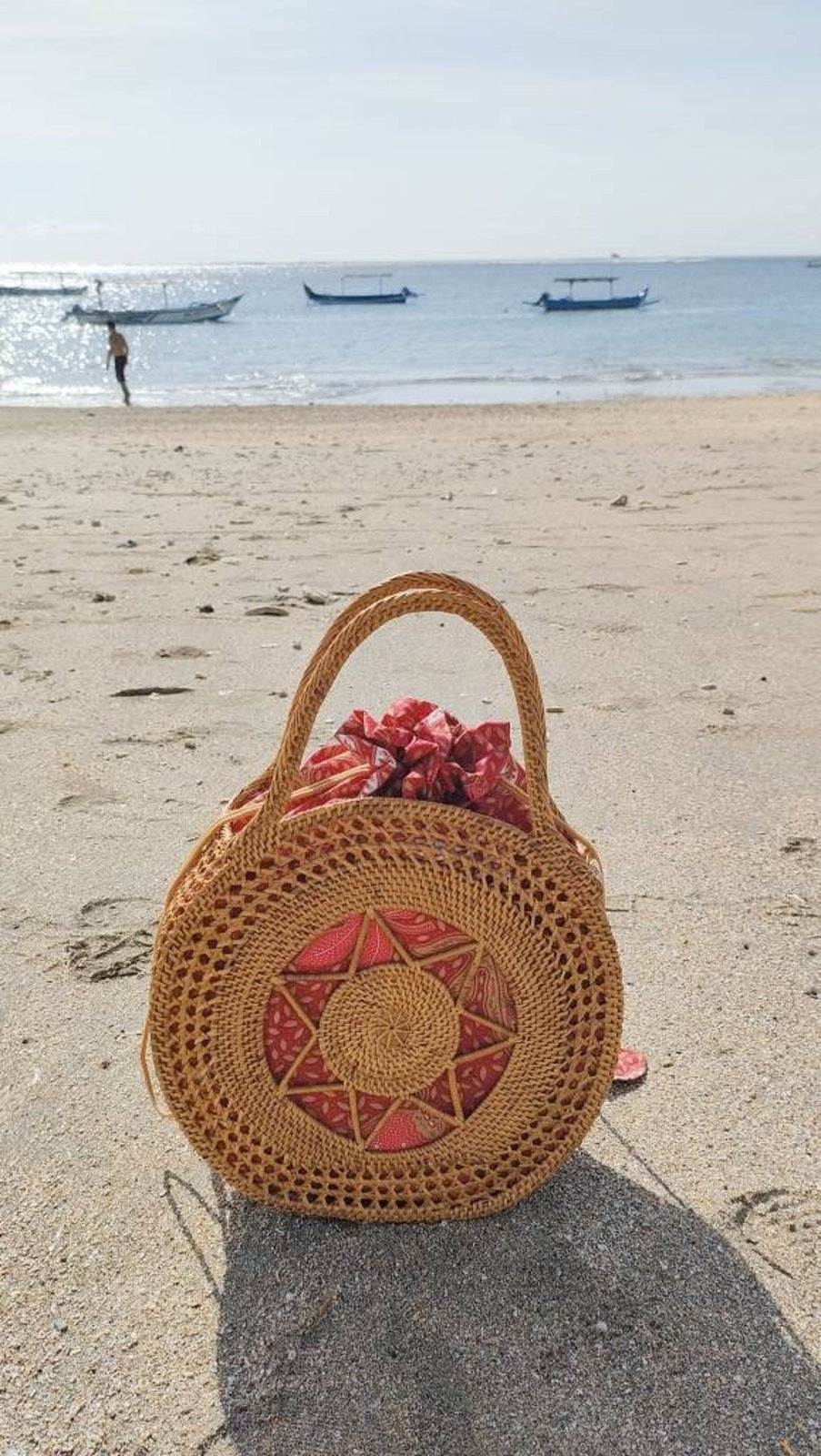 Handwoven Bali Rattan Bag with Batik Lining Round Ata Beach Tote