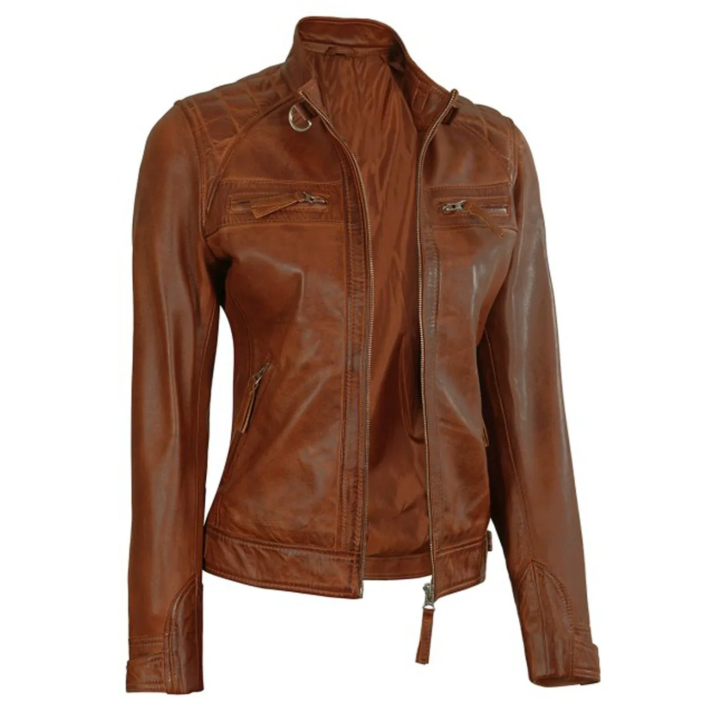 Brown Leather Jacket for Women Slim Fit Biker Style