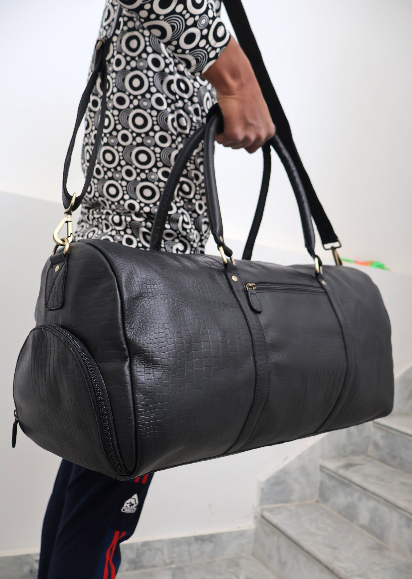 Leather Duffle Bag with Shoe Compartment for Travel & Overnight Use