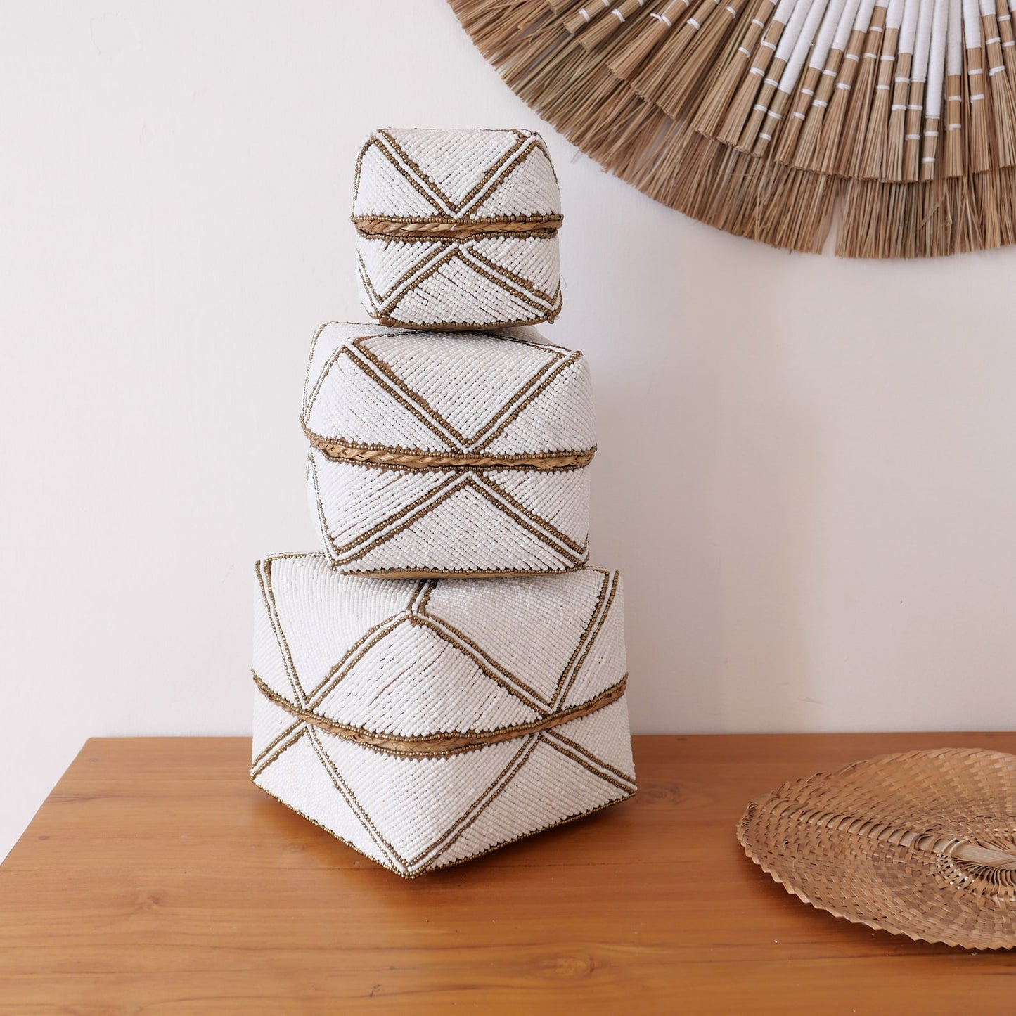 Hand woven bamboo beaded box set