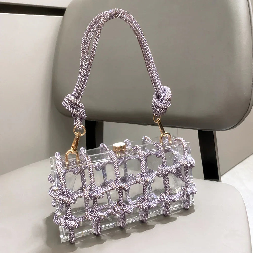 Women’s Acrylic Box Clutch with Rope Handle light purple