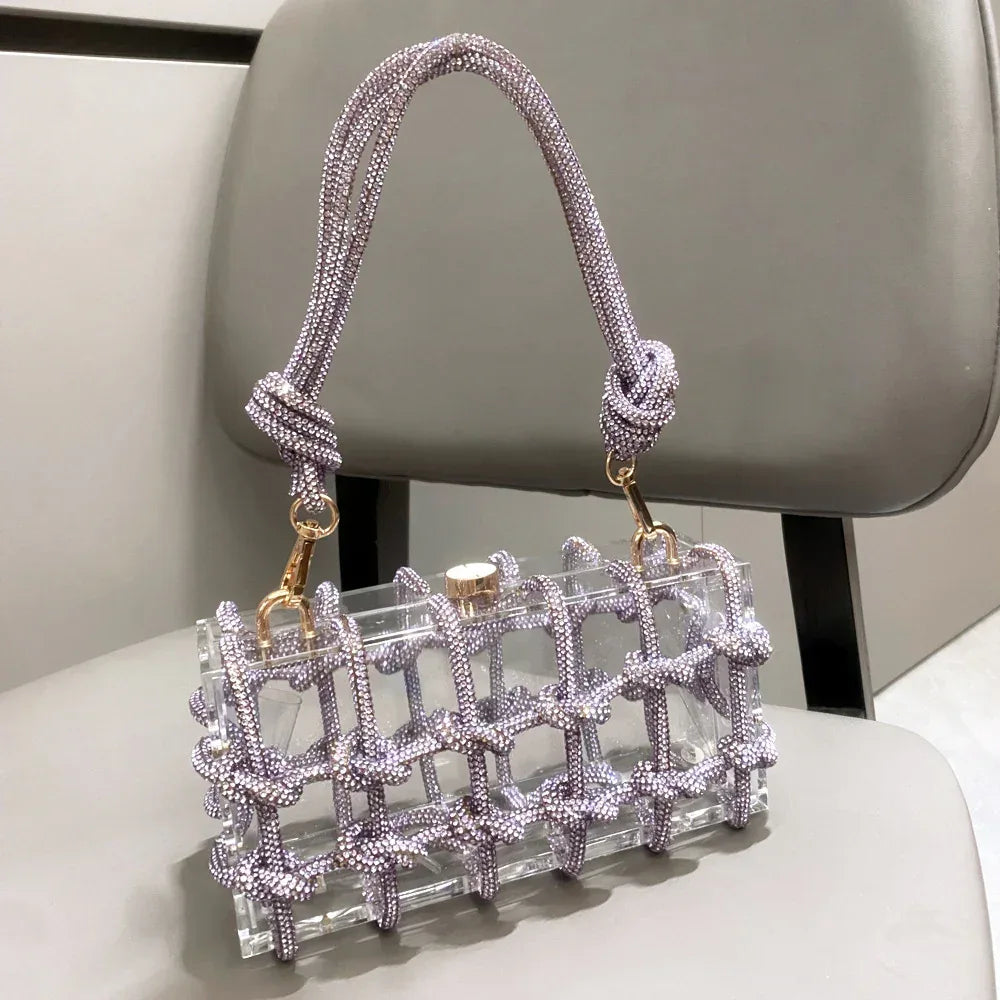Women’s Acrylic Box Clutch with Rope Handle light purple