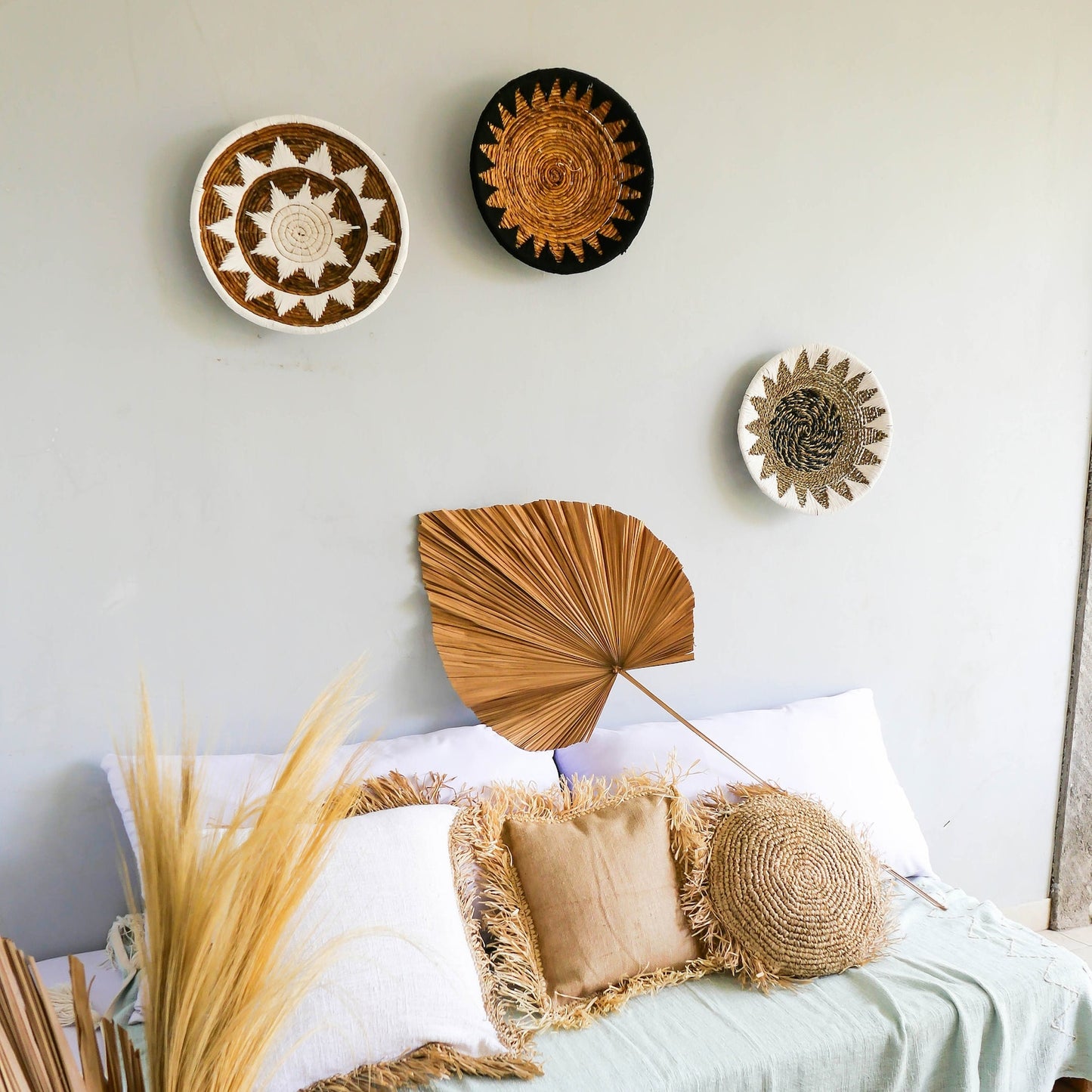 banana bark and macrame wall decor plates