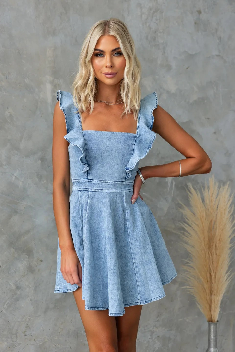 Women Denim Mini Dress Ruffle Sleeveless Blue Jean Dress