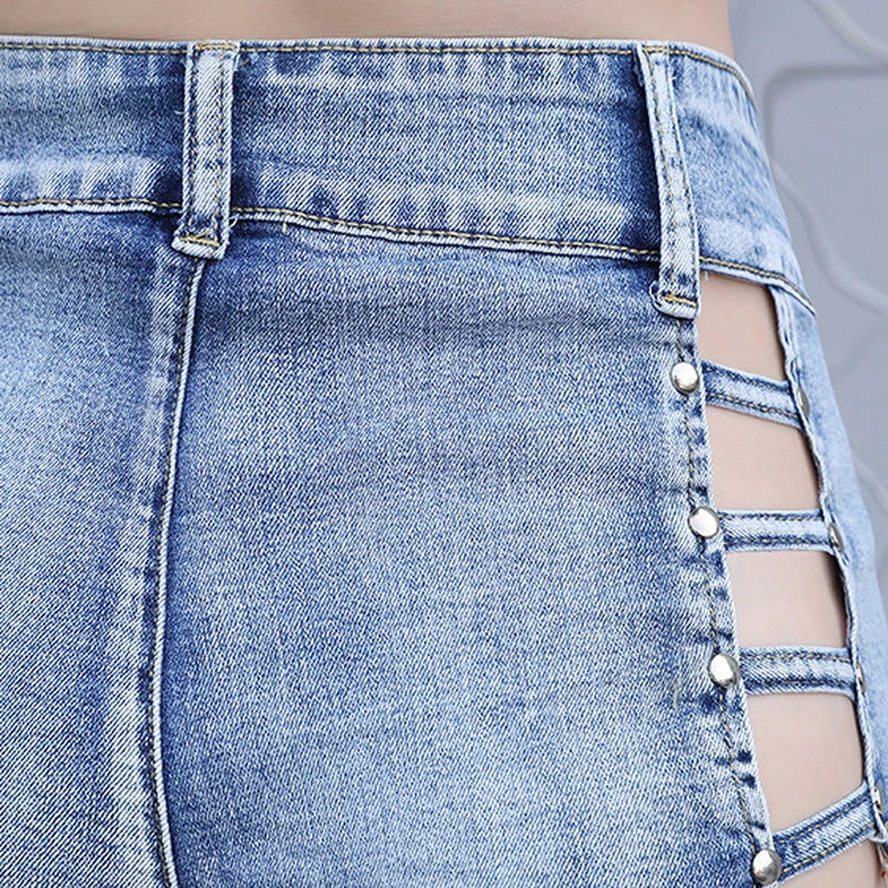Hollow Out Frayed Mini Jean Shorts for Women Clubwear