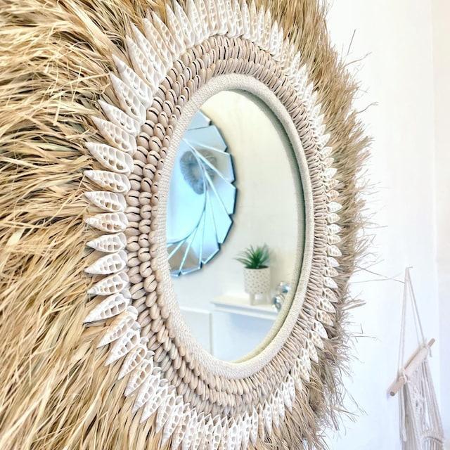 Boho Raffia Seashell Round Wall Mirror Decor