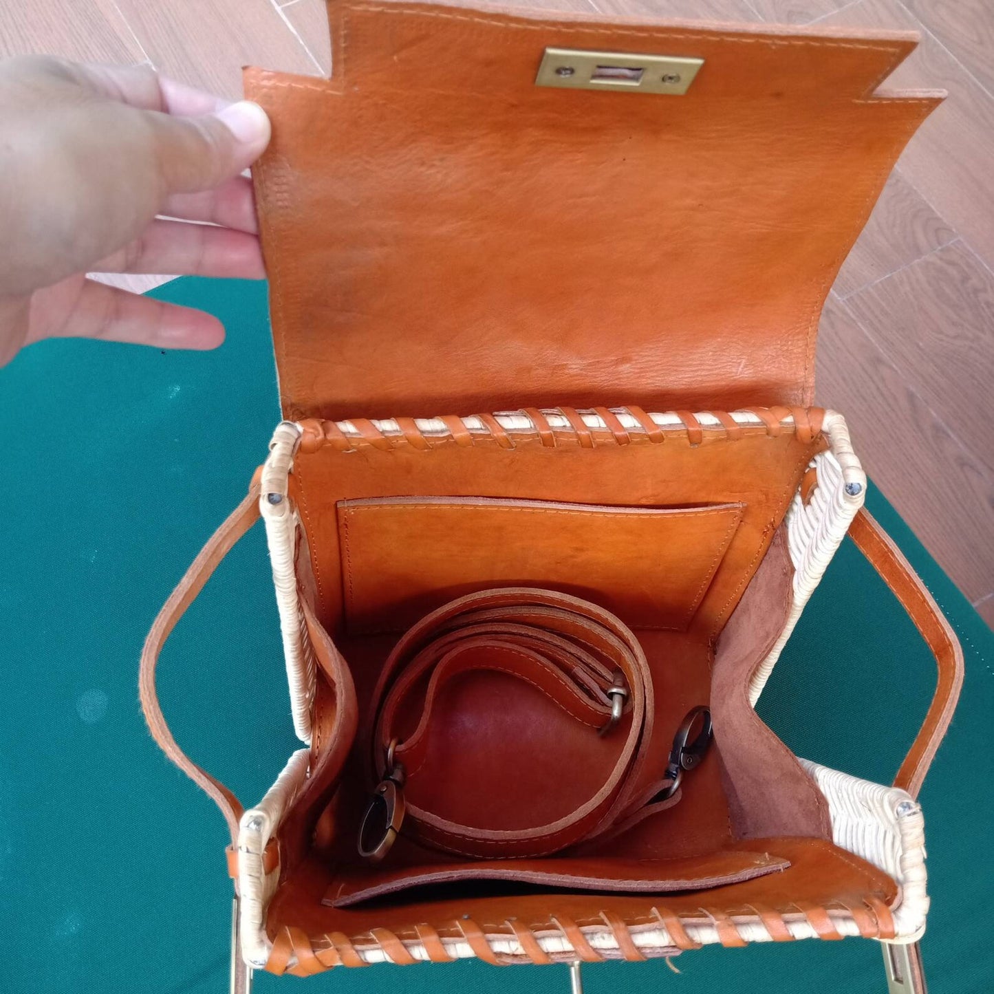 Handwoven rattan shoulder bag with leather