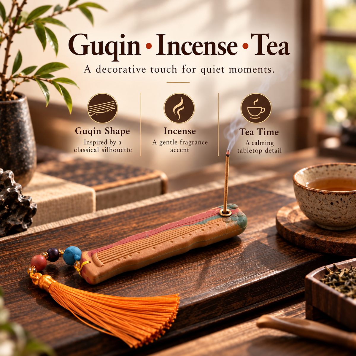 Incense Stick Holder Guqin Inspired Decorative Tassel Tabletop Accent