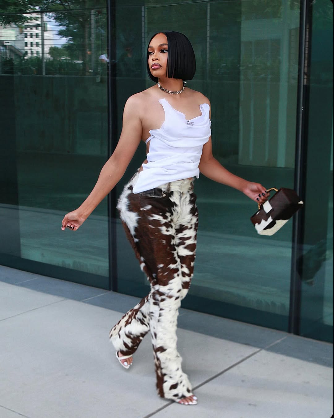 women hair on cowhide trousers