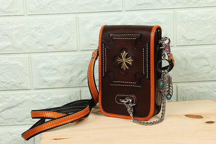 Leather Crossbody Phone Bag with Gothic Cross Hardware