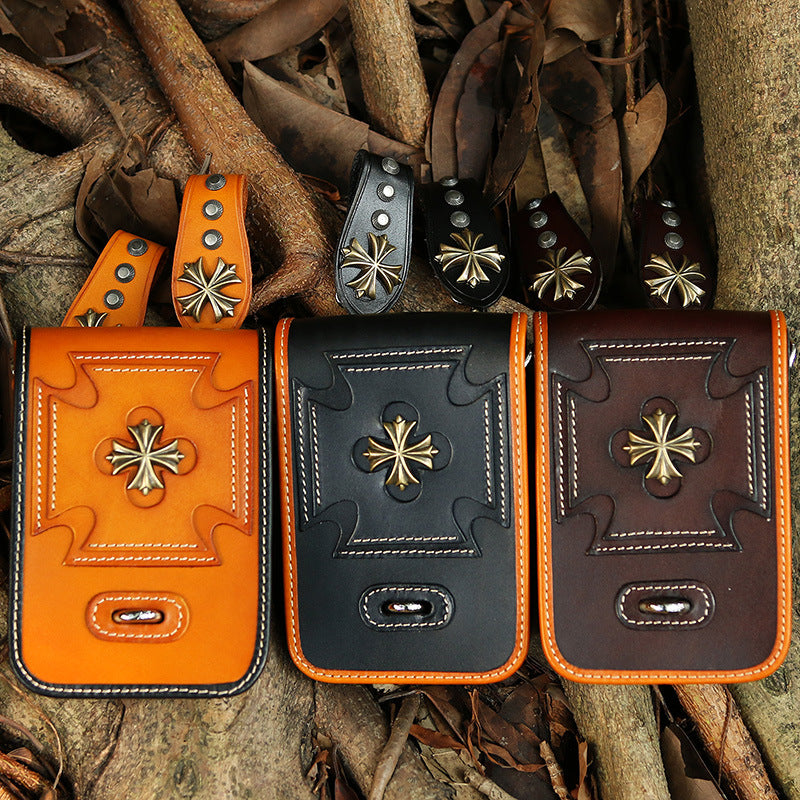 Leather Crossbody Phone Bag with Gothic Cross Hardware