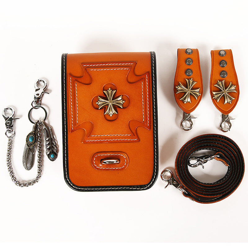 Leather Crossbody Phone Bag with Gothic Cross Hardware