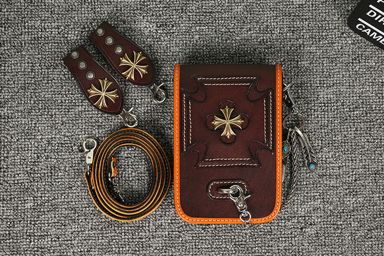 Leather Crossbody Phone Bag with Gothic Cross Hardware