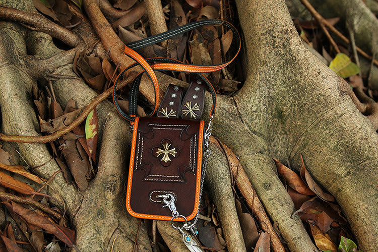 Leather Crossbody Phone Bag with Gothic Cross Hardware