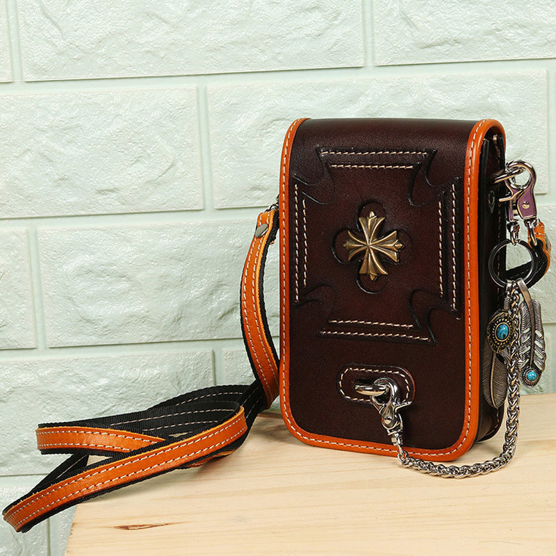 Leather Crossbody Phone Bag with Gothic Cross Hardware